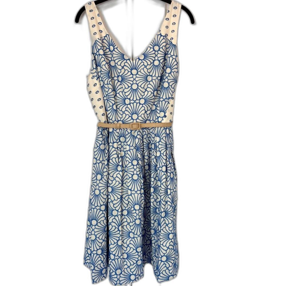 Antonio Melani Blue White Printed Midi Dress Size 14 Belted Summer Fit Flare